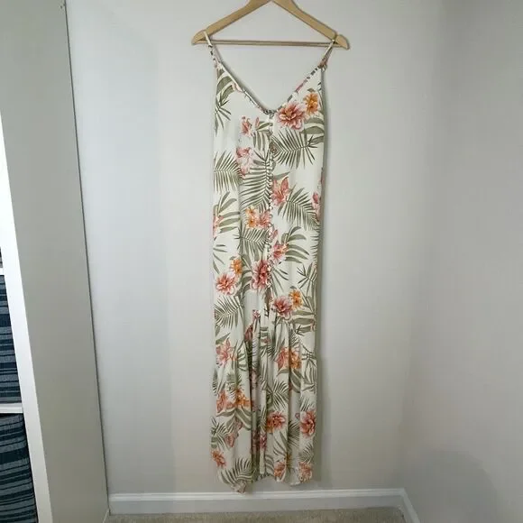 Vestique Floral Full Button Thigh Slit V Neck Maxi Dress Tropical Boho Womens L - Picture 8 of 10